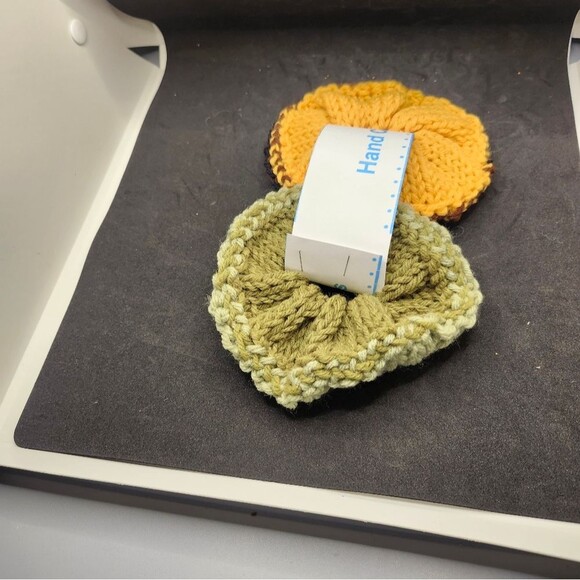 Hand Crafted Knit Scrunchies Yellow Green Jumbo Hair Band Accessory Set of 2 - Picture 7 of 10